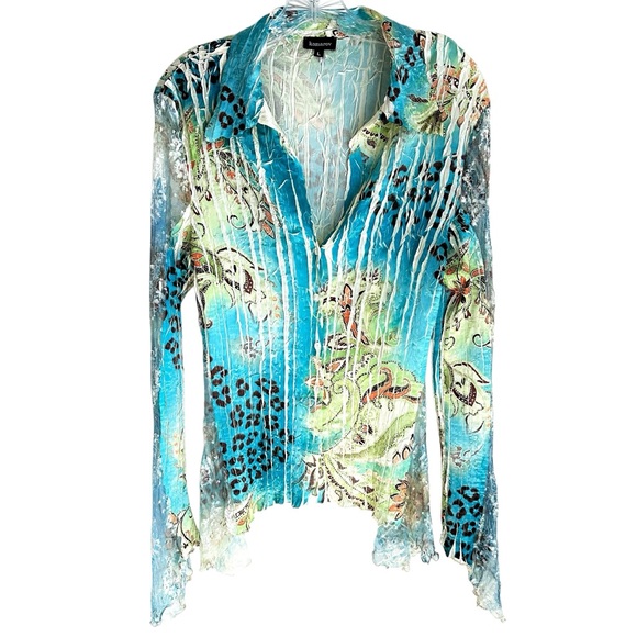 Komarov Tops - Komarov Blue Green Ivory Orange Long Sleeve Blouse Size Large.